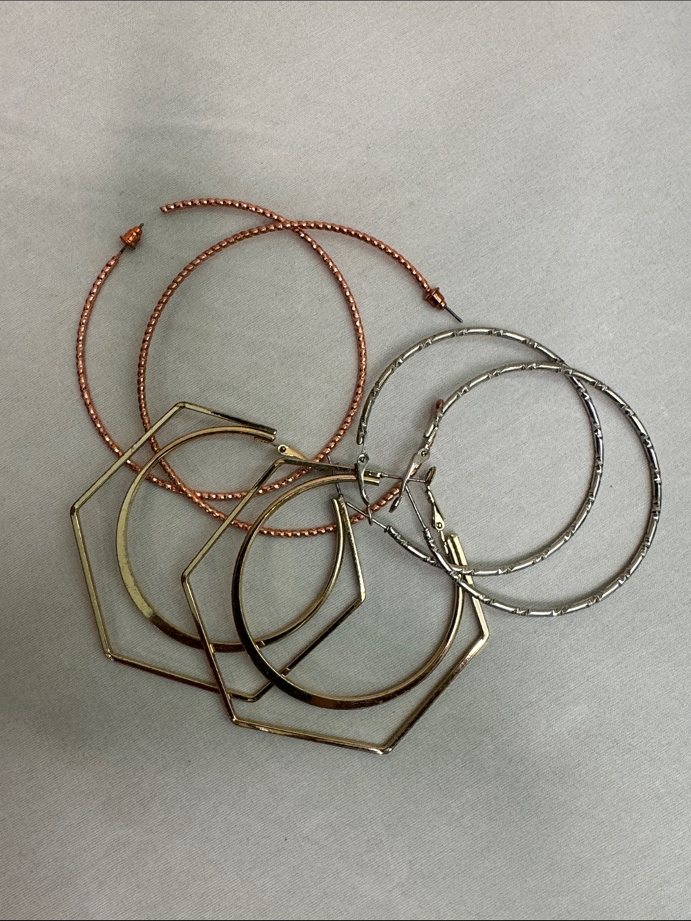 Mixed Metal Hoop & Geometric Earrings Set - Gold, Rose Gold, Silver